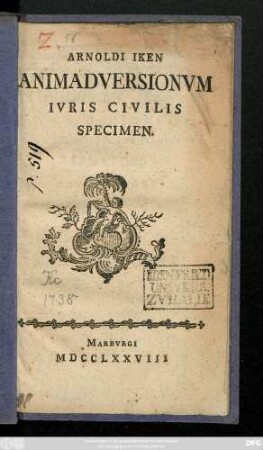 Arnoldi Iken Animadversionum Ivris Civilis Specimen