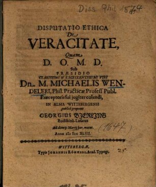 Disputatio Ethica De Veracitate