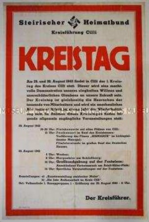 Maueranschlag zur Ankündigung des Kreistages des Steirischen Heimatbundes 1942 in Cilli (heute Slowenien)