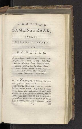 Negende Zamenspraak, over de Eigenschappen der Vogelen.