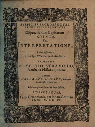 Disputationum Logicarum Qvinta [Quinta]. De Interpretatione