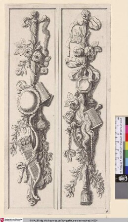 [Zwei Festons mit Spiegeln, Kamm, Pfeilen im Köcher und Bogen, Pinsel, Quaste und Rosen]