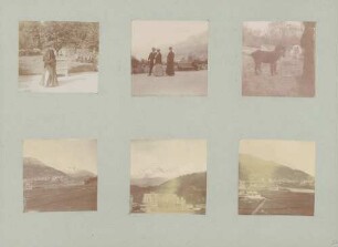 links oben: Unbekannt (Dame) im Park Mitte oben: Großherzog Friedrich I. von Baden und Großherzogin Luise beim Spaziergang in St. Moritz rechts oben: Pudel der Großherzogin Luise beim Spaziergang in St. Moritz links unten: Blick auf St. Moritz Mitte unten: Blick auf St. Moritz rechts unten: Blick auf St. Moritz