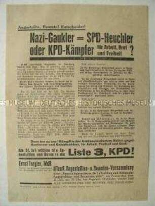 Flugblatt der KPD zur Reichstagswahl am 31.7.1932 das sich an Hamburger Beamte und Angestellte richtet