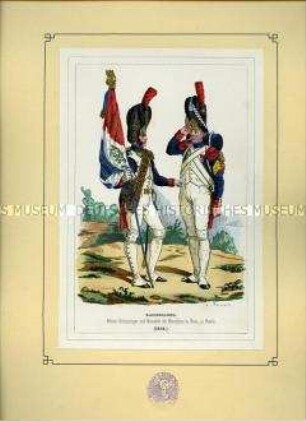 Uniformdarstellung, Offizier mit Fahne und Grenadier des Grenadier-Regiments zu Fuß der Kaisergarde in Parade-Uniform, Frankreich, 1804. Aus: Bellangé: Die Soldaten der französischen Republik und des Kaiserreichs.