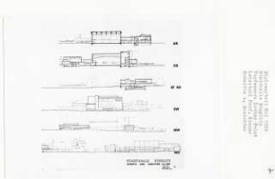 Stadthalle, Berlin-Steglitz (Diplomarbeit bei Willy Kreuer): Ansichten von Südosten, Südwesten, Nordwesten, Nordosten und Schnitte 1:200