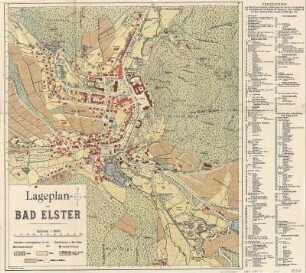 Stadtplan von Bad Elster, ca. 1:5 000, 1926 : Lageplan von Bad Elster / bearbeitet u. herausgegeben von der Badedirektion zu Bad Elster. Carl Wirwahn. - Ca. 1:5 000. - [S.l.] , 1926. - 1 Kt. : mehrfarb. ; 36 x 40 cm. - Mit Straßenverz. und Informationen