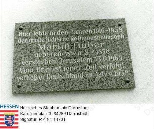 Buber, Martin, Prof. Dr. (1878-1963) / Gedenktafel am Martin-Buber-Haus in Heppenheim, angebracht 1980