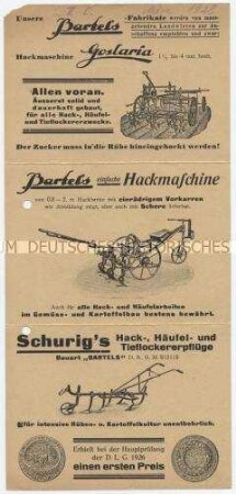 Bartels Hackmaschine Goslaria / Bartels einfache Hackmaschine / Schurig's Hack-, Häufel und Tieflockererpflüge / Bartels Hackmesser / Doppelmesser / Bartels-Druckrollen mit Steckscharnier