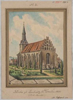 Die Kirche in Leubnitz (Dresden-Leubnitz-Neuostra) mit Staffelgiebel, 1874 vereinfacht umgebaut, Blick nach Süden, Blatt Teil einer Reihe von Eckardt von 1818/1858
