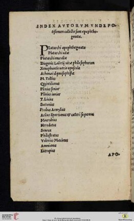 Index autorum unde potißimum collecta sum apophthegmata