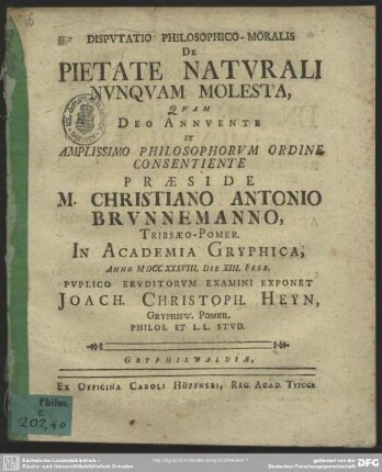 Disputatio Philosophico-Moralis De Pietate Naturali Nunquam Molesta