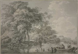 Baumpartie mit Fischerhütten an einem Fluss, rechts im Vordergrund ein Kahn mit zwei Männern, die Reußen legen, dabei vier schwimmende Enten