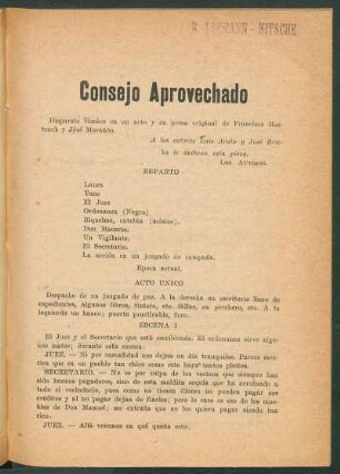 Consejo aprovechado : Disparate cómico en un acto