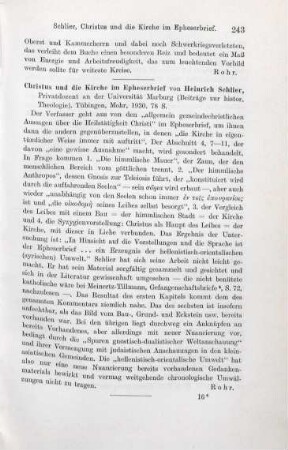 243 [Rezension] Schlier, Heinrich, Christus und die Kirche im Epheserbrief