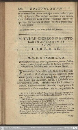 M. Tullii Ciceronis Epistolarum Ad Cassium Et Alios Liber XII.