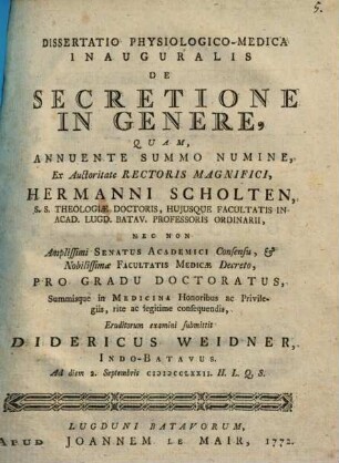 Diss. phys.-med. inaug. de secretione in genere