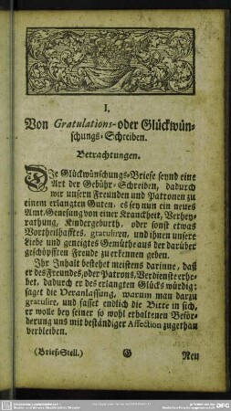 I. Von Gratulations- oder Glückwünschungs-Schreiben