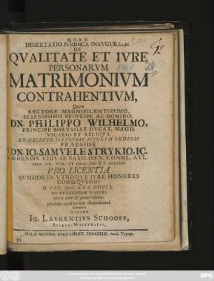 Dissertatio Ivridica Inavgvralis De Qvalitate Et Ivre Personarvm Matrimonivm Contrahentivm