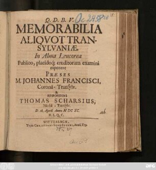 Memorabilia Aliquot Transylvaniae