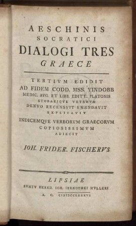Aeschinis Socratici Dialogi Tres Graece