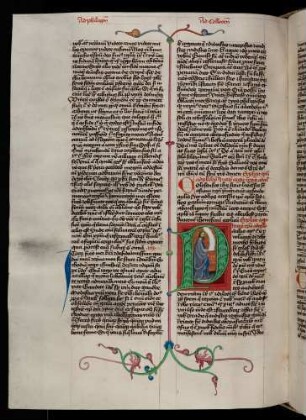 Historisierte Initiale (Kolosser-Brief): P(aulus): Paulus mit einem Brief