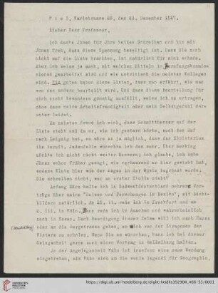 Nachlass Alfred Hettner, Eingegangene Briefe, Korrespondenz Leo Waibel/Alfred Hettner: Brief von Leo Waibel an Alfred Hettner