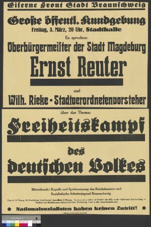 Plakat der Eisernen Front zu einer Wahlkundgebung am 3. März 1933 in Braunschweig