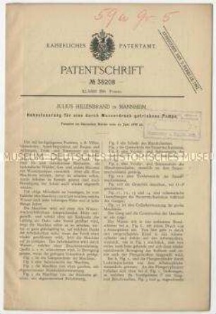 Patentschrift einer Hahnsteuerung für eine durch Wasserdruck getriebene Pumpe, Patent-Nr. 38208