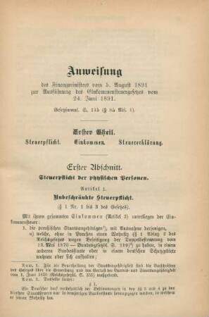 Anweisung des Finanzministers vom 5. August 1891 zur Ausführung des Einkommensteuergesetzes vom 24. Juni 1891
