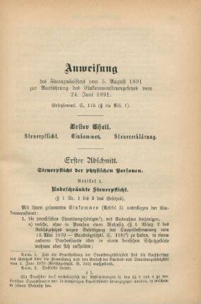 Anweisung des Finanzministers vom 5. August 1891 zur Ausführung des Einkommensteuergesetzes vom 24. Juni 1891