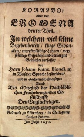 Koralbo: oder der Eromena dritter Theil : In welchem viel seltene Begebenheiten ... verfasset