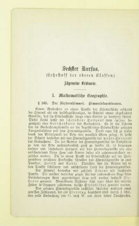 Sechster Kursus. (Lehrstoff der oberen Klassen.) Allgemeine Erdkunde