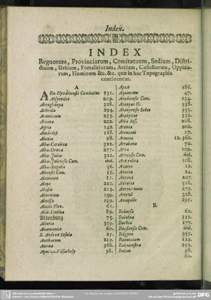 Index Regnorum, Provinciarum, Comitatuum, Sedium, Districtuum, Urbium, Fortalitiorum, Arcium, Castellorum, Oppidorum, Fluminum & c. & c. quae in hac Topographia continentur