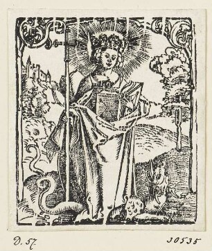 Heilige Margaretha, aus: Jean Clein, "Hortulus anime cum alijs appluri=mis orationibus pristine impressioni superadditis: vt tabulam in huius cal ce annexam intuenti patentissium erit", Nürnberg
