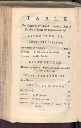 Table des Chapitres & Articles contenus, dans le Troisieme Volume des Commentaires