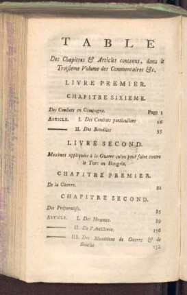 Table des Chapitres & Articles contenus, dans le Troisieme Volume des Commentaires