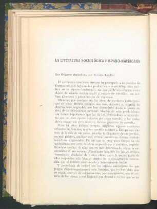 La literatura sociológica hispano-americana : Los orígenes argentinos, por Roberto Levillier