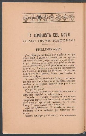 La conquista del novio como debe hacerse : Preliminares