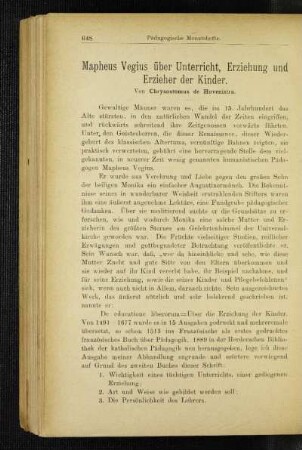 Mapheus Vegius über Unterricht, Erziehung und Erzieher der Kinder