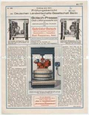 Auszug aus dem Prüfungsbericht der Deutschen Landwirtschafts-Gesellschaft Berlin der Botsch-Presse Obst- u. Weinpresse mit elektrisch-automatischem Druckwerk