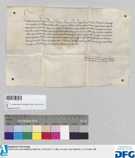 Der römische König Friedrich III. verschiebt die Entscheidung des Streits zwischen Markgraf Albrecht von Brandenburg einerseits und der Stadt Nürnberg andererseits wegen Rückgabe der Schlösser Lichtenau, Bruckberg, Uehlfeld und Lonnerstadt an die Stadt auf die namens des Markgrafen durch Peter Knorr, Propst zu Wetzlar, Hanns von Seckendorff genannt Abendar, Michael Jacobi, Dechant, und Wenzel Reynman, Chorherrn zu Ansbach, vorgebrachte Einrede, dass der Markgraf die ihm durch Heinrich Marschalkh von Pappenheim überantwortete kaiserliche Ladung um merklicher Gebrechen willen nicht für eine Ladung nach Laut der "Richtung" halte, auf den nächsten Freitag nach St. Johanns tag zur Sunnwenden. - Siegler: der Aussteller.