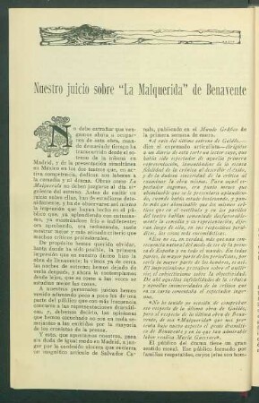 Nuestro juicio sobre "La Malquerida" de Benavente