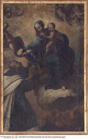 Die Madonna überreicht einem knienden Heiligen ein Buch