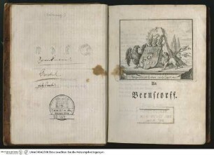 Oden / [Friedrich Gottlieb Klopstock], Doppelseite: Titelblatt (Rückseite mit Autogrammen), Widmung "An Bernstorff"