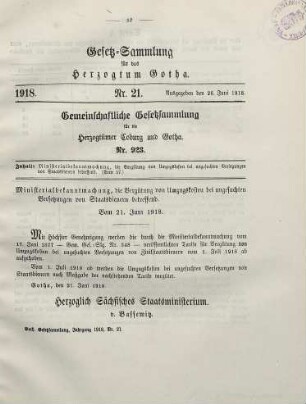 21. Ministerialbekanntmachung, die Vergütung von Umzugskosten bei ungesuchten Versetzungen von Staatsdienern betreffend. Vom 21. Juni 1918