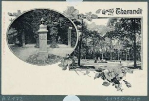 Postkarte mit zwei Abbildungen aus Tharandt: Denkmal Heinrich Cottas mit Bildnisbüste, Das Grab Heinrich Cottas