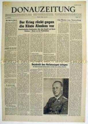 Deutsche Zeitung für den Balkan "Donauzeitung" u.a. zum Tod von Heydrich nach dem Attentat von Prag