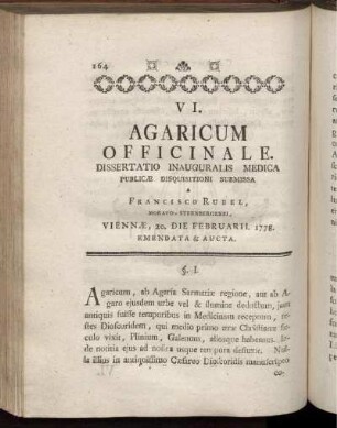 Vi. Agaricum Officinale. Dissertatio Inauguralis Medica.