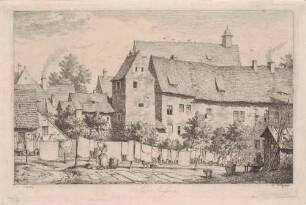 An der Franziskanerklosterkirche (heute Stadtmuseum) am Heinrichsplatz in Meißen, im Vordergrund Wäsche zum Trocknen, "Die Frohnveste"